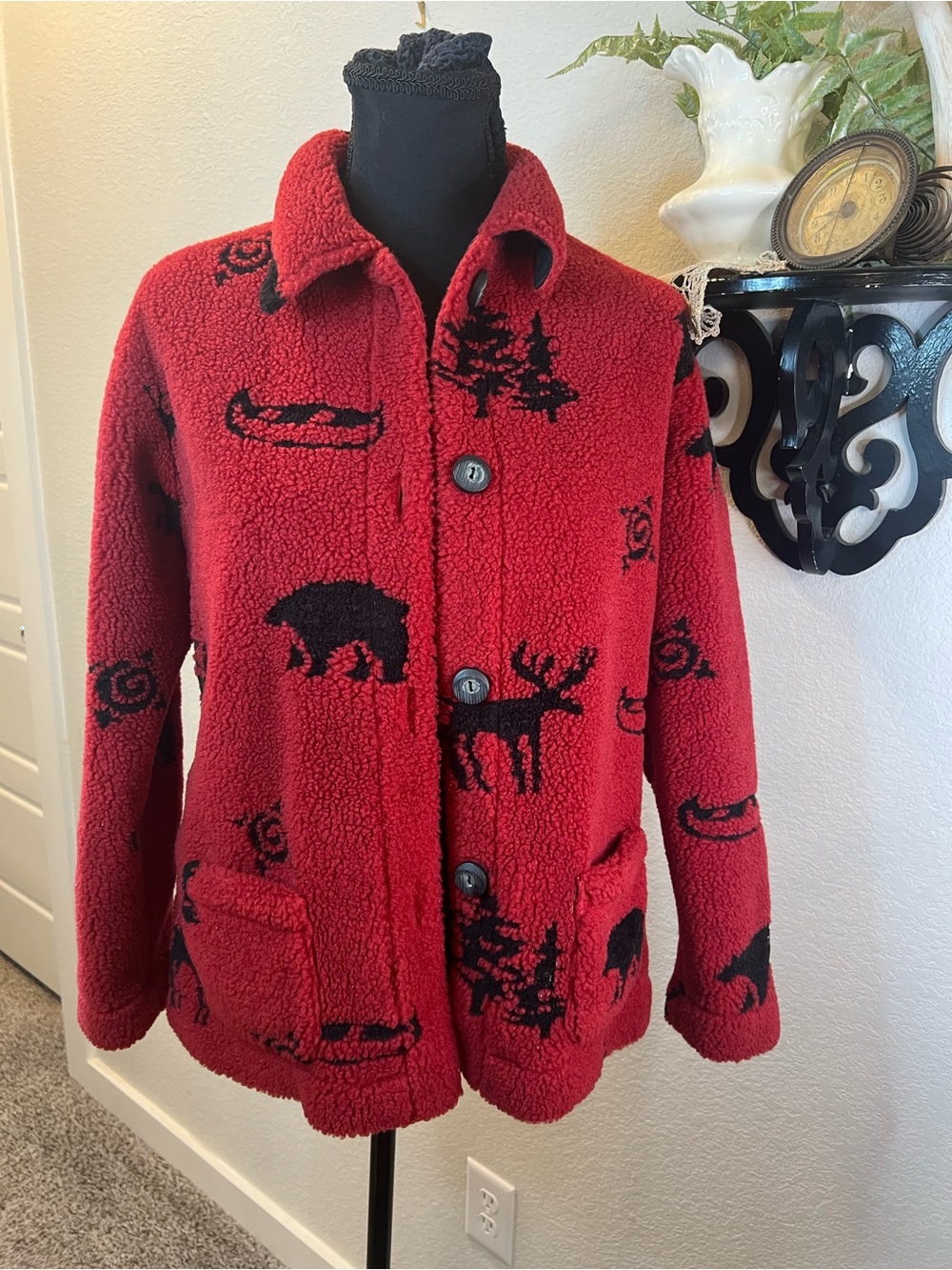 Sweet Jessie Vintage Red Faux Sherpa Fleece Outdoor Bears Hippie Jacket S Petite